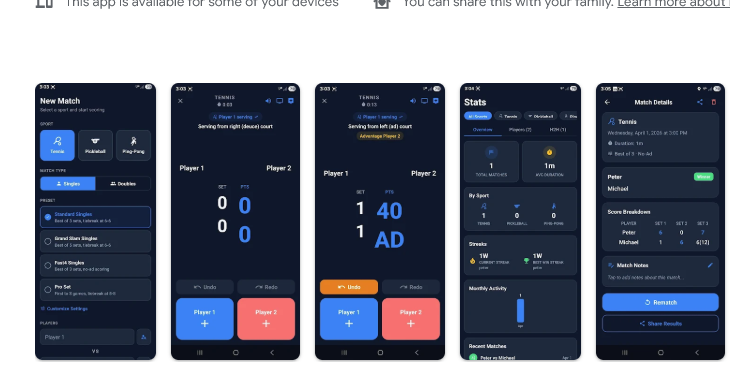 MatchScore Pro app screenshots showing New Match, live scoring, stats, and match details
