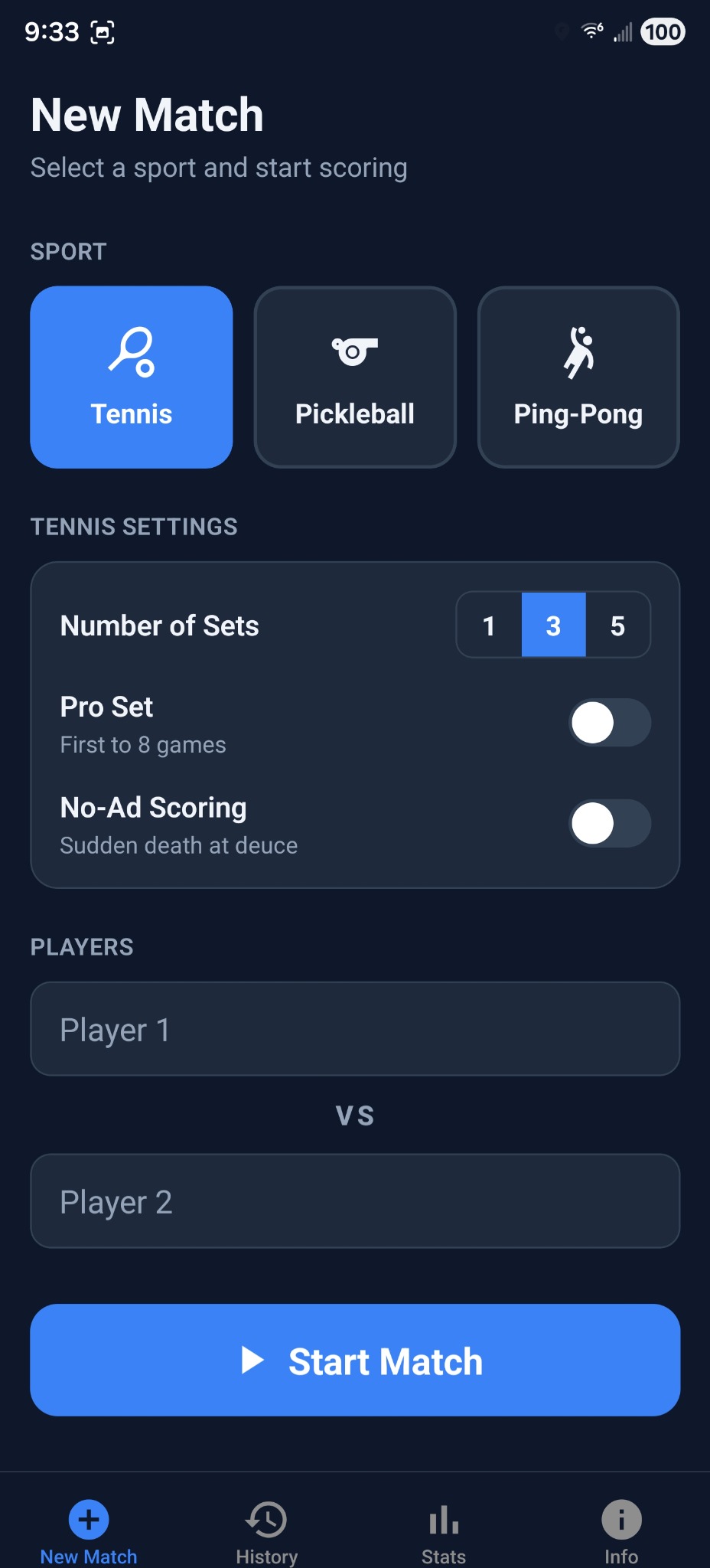 Tennis setup screen