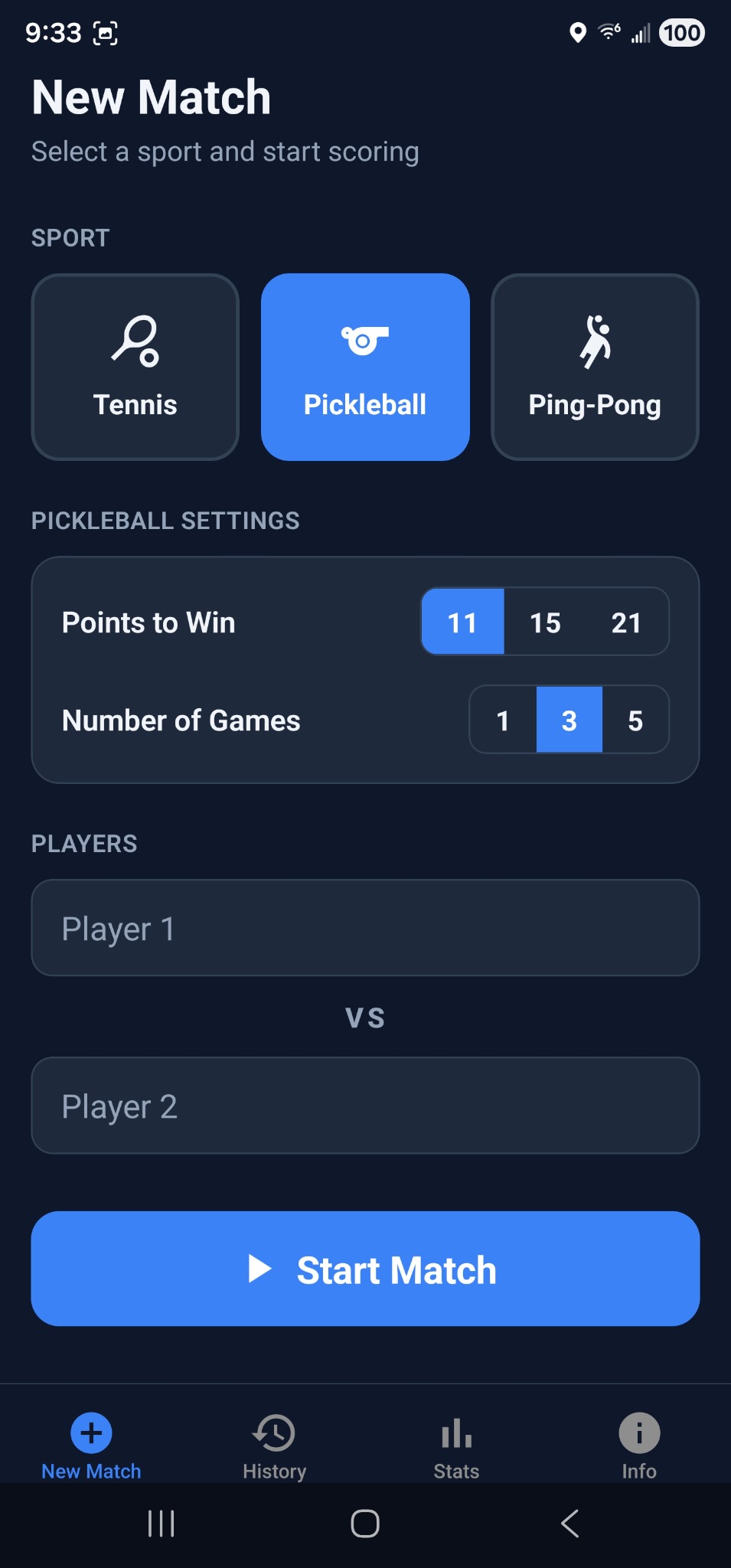 Pickleball setup screen