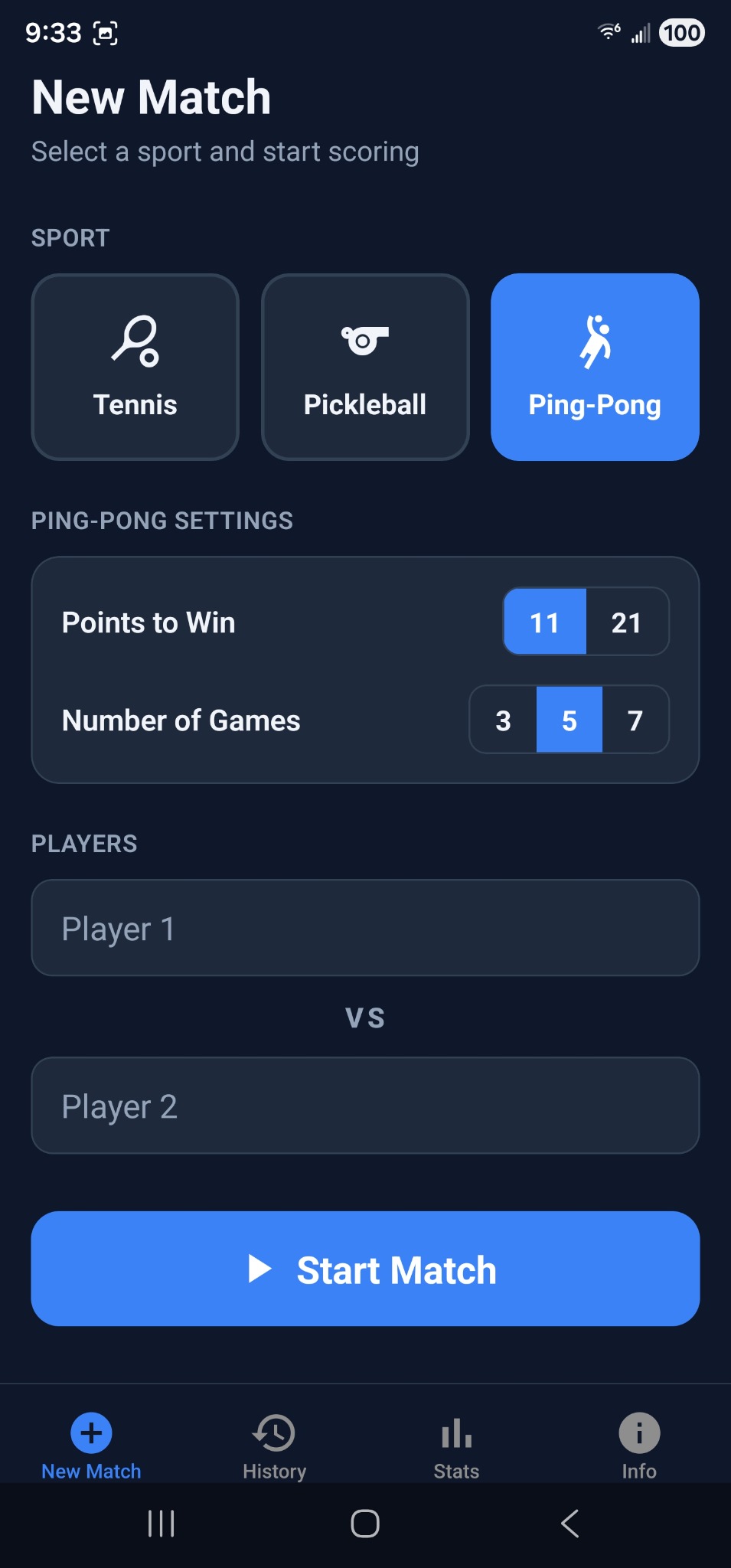 Ping-Pong setup screen