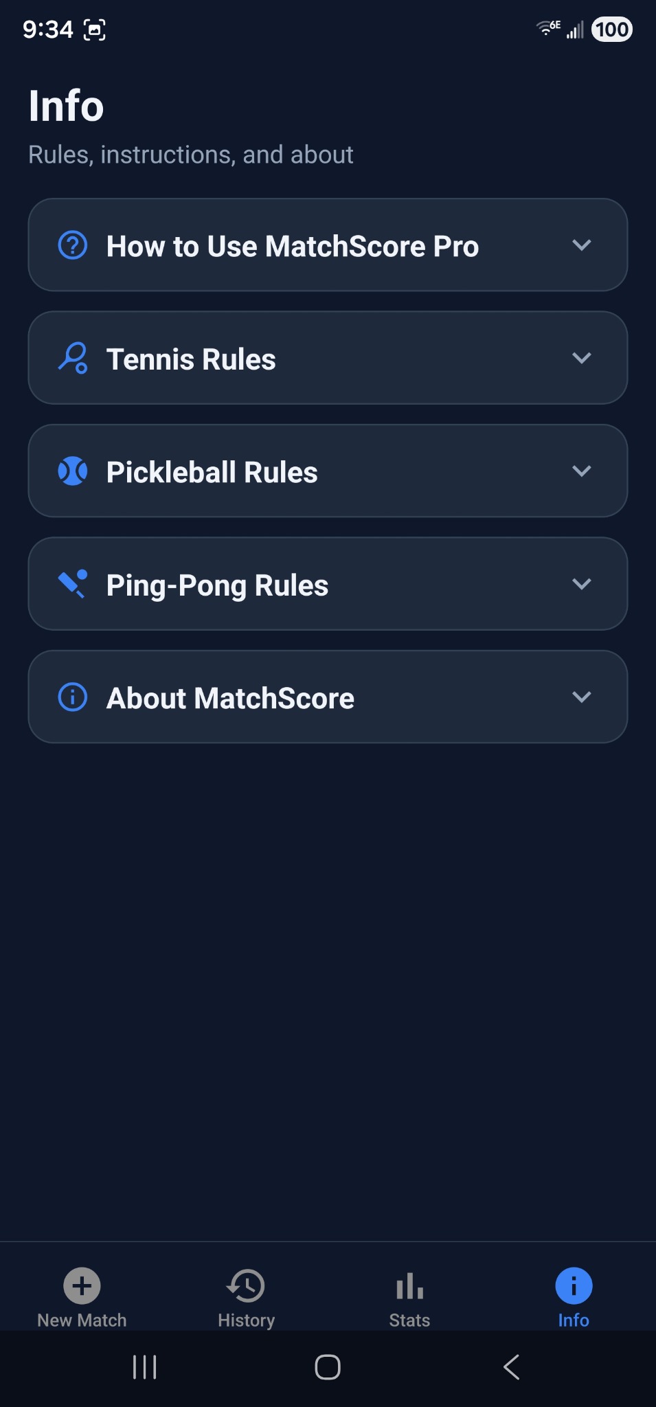 Info tab screen